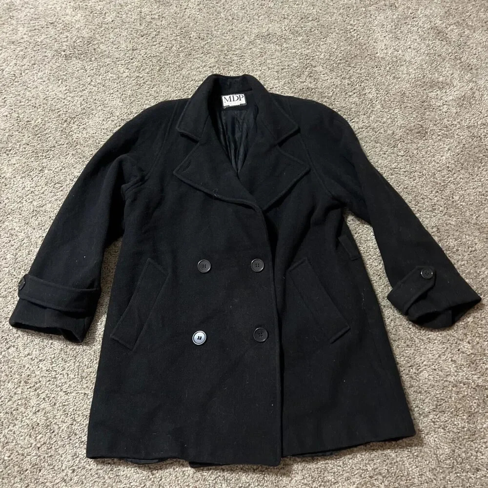 VTG MDP Mario De Pinto Classic Black‎ Wool Overcoat Timeless Peacoat Trench Chic